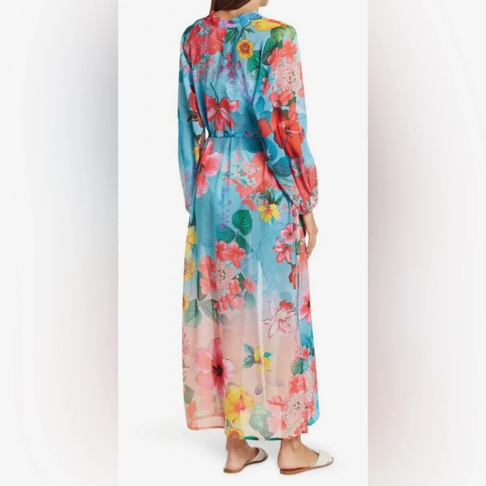 Ranee’s Tropical Floral Sheer Beach Cover-Up Kimono in Blue & Multicolor